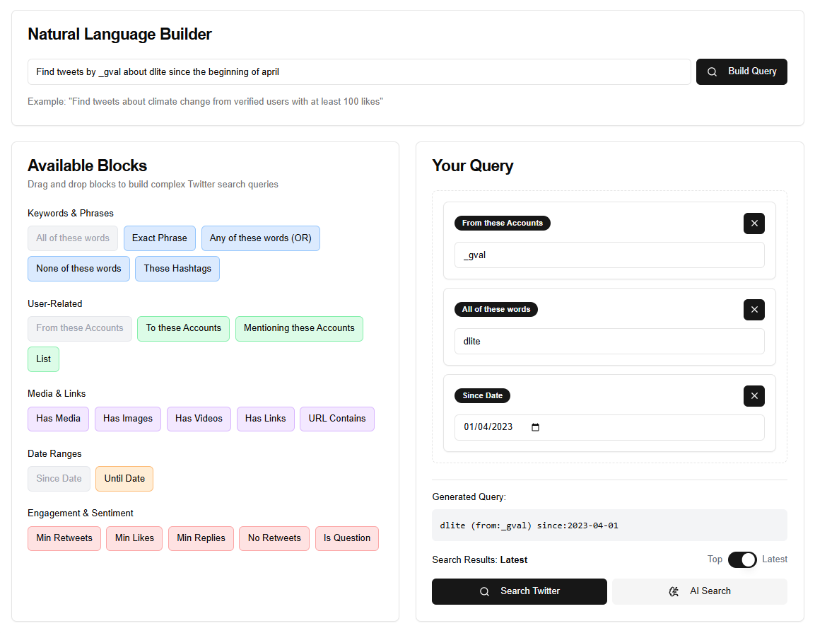 X/Twitter Advanced Search Builder Interface